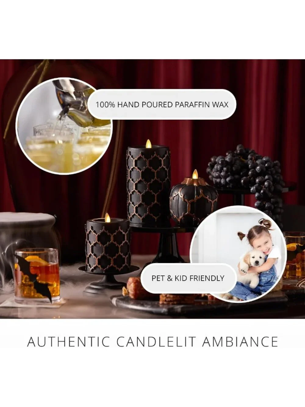 Flameless LED Pillar Candle - Black Embossed, Timer Function, Real Wax, 3.5x6.5